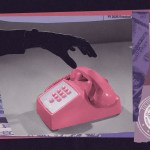An illustrative image of a person picking up a phone on a black background with images depicting the Office on Violence Against Women.