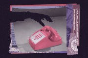 An illustrative image of a person picking up a phone on a black background with images depicting the Office on Violence Against Women.