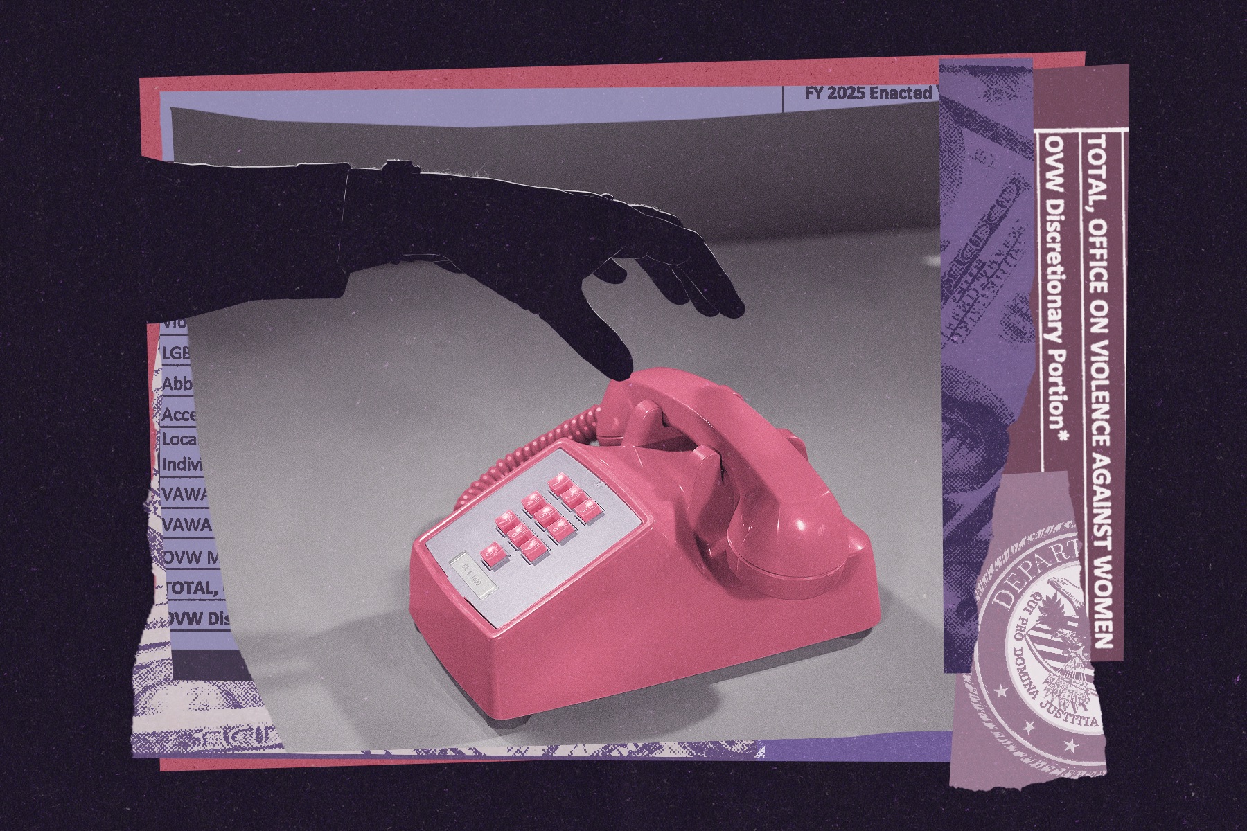 An illustrative image of a person picking up a phone on a black background with images depicting the Office on Violence Against Women.