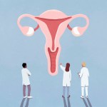 Illustration of three doctors in white coats standing in front of a large anatomical illustration of a uterus and ovaries on a blue background.