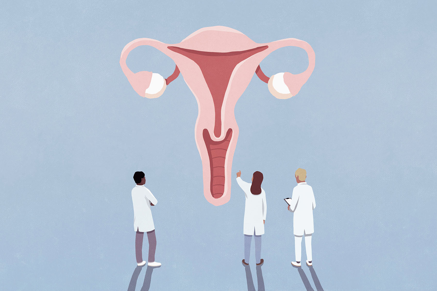 Illustration of three doctors in white coats standing in front of a large anatomical illustration of a uterus and ovaries on a blue background.