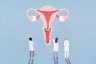 Illustration of three doctors in white coats standing in front of a large anatomical illustration of a uterus and ovaries on a blue background.