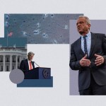 illustration showing Robert F. Kennedy Jr. standing against a purple rectangle. To the left, a cropped image of the White House is layered beneath a microscope image of sperm cells. Dr. Mehmet Oz stands at a podium in front of the White House, with abstract shapes layered around him.