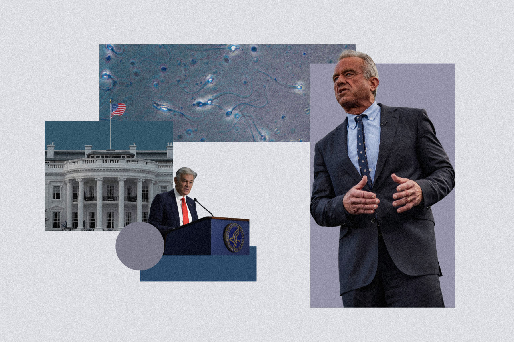 illustration showing Robert F. Kennedy Jr. standing against a purple rectangle. To the left, a cropped image of the White House is layered beneath a microscope image of sperm cells. Dr. Mehmet Oz stands at a podium in front of the White House, with abstract shapes layered around him.
