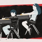 Illustration of two faceless students sitting at classroom desks and writing with pencils. Their bodies are filled with cursive text from the Declaration of Independence, set against a rough black background with red and white stripes resembling an American flag.