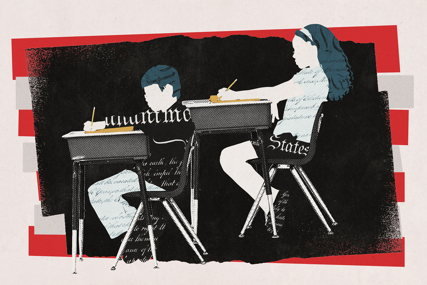 Illustration of two faceless students sitting at classroom desks and writing with pencils. Their bodies are filled with cursive text from the Declaration of Independence, set against a rough black background with red and white stripes resembling an American flag.