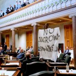 Sen. Charlane Olive holds a banner that reads 