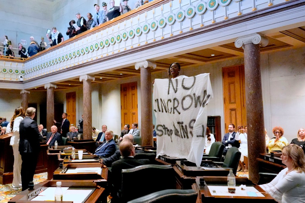 Sen. Charlane Olive holds a banner that reads "No Jim Crow" and "Step The TN Steal" while protesting during a special session of the state legislature.