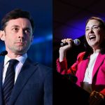 A split image shows Sen. Jon Ossoff speaking at a podium on the left and Denise Powell speaking into a microphone at a campaign event on the right.