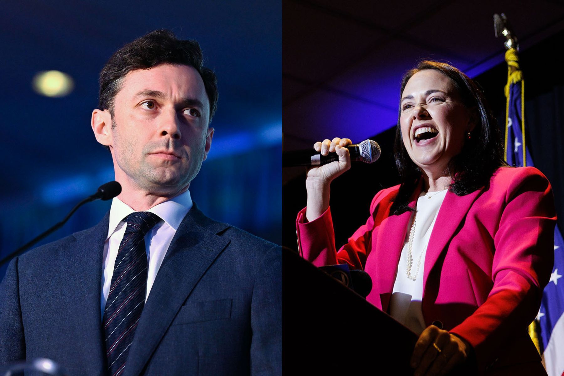 A split image shows Sen. Jon Ossoff speaking at a podium on the left and Denise Powell speaking into a microphone at a campaign event on the right.
