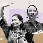 A Black and white collage of Sharice Davids and Deb Haaland speaking and waving, layered over purple and tan graphic shapes.