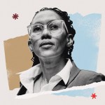 A black and white portrait illustration of Adriana George looking upward, layered over blue and tan textured shapes on an off-white background with two red asterisks.