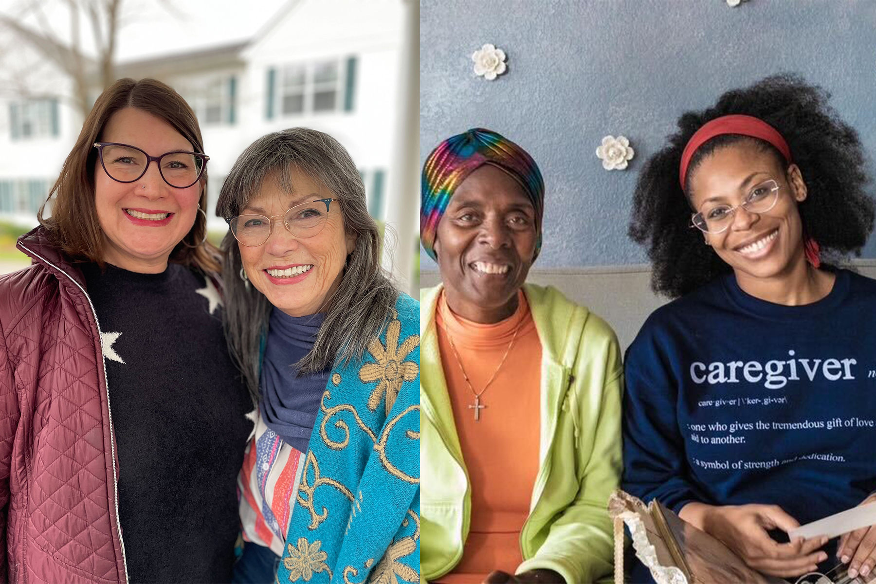 A diptych of two women with their mothers, both smiling at the camera.