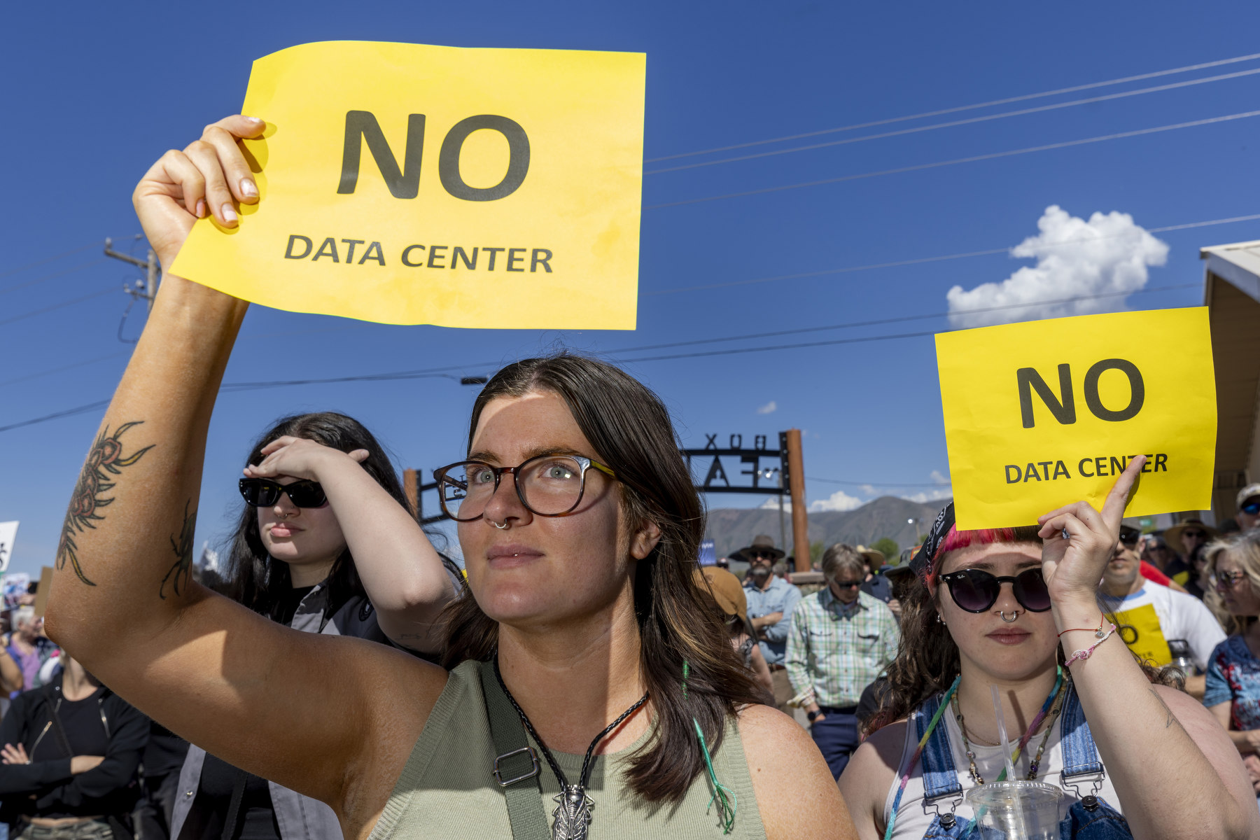 A row of women protesters hold up signs saying No Data Center.