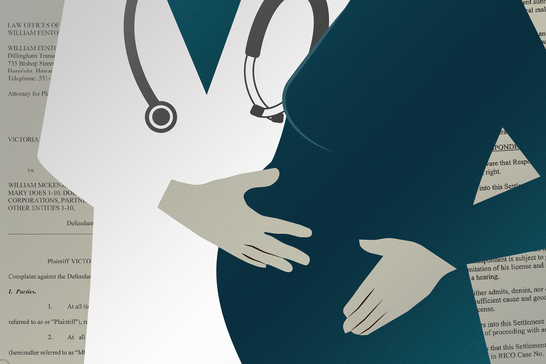 An illustration shows a pregnant person and a person wearing a doctor's coat with a stethoscope, surrounded by legal documents.