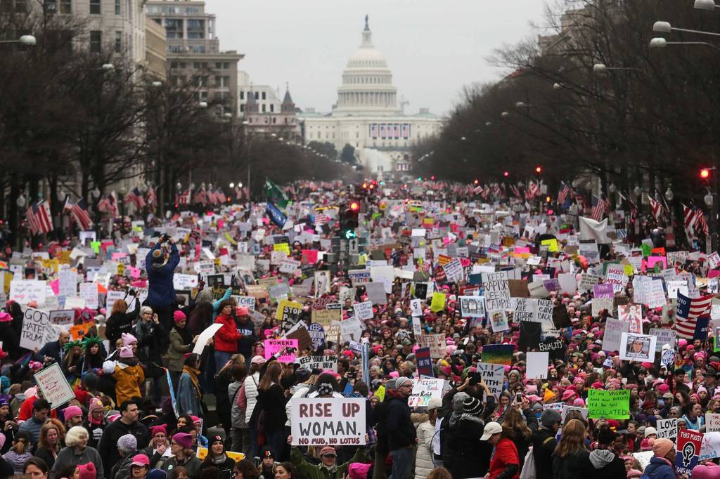 A rally of people in the streets of Washington, D.C. for the Women's March.