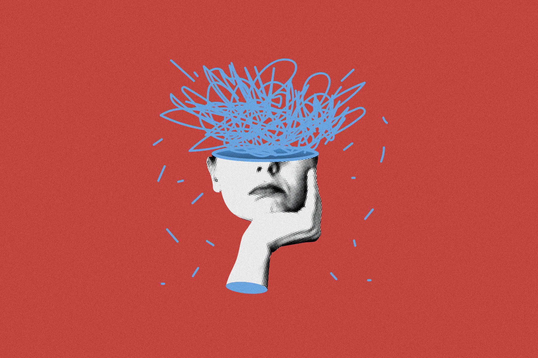 a black and white image of the lower half of a face, with a blue scribble coming out
