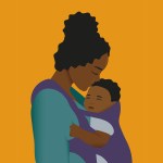 Illustration of a mother holding a baby close in a purple wrap against an orange background.
