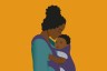 Illustration of a mother holding a baby close in a purple wrap against an orange background.