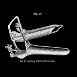 Drawing of a speculum against a black background.