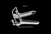 Drawing of a speculum against a black background.