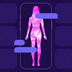 Illustration of a pixelated pink silhouette of a woman standing inside the outline of a smartphone, surrounded by purple text bubbles.