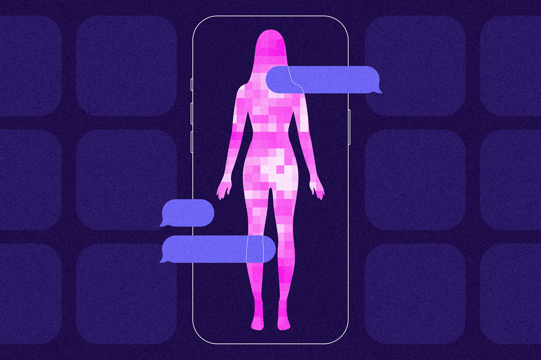 Illustration of a pixelated pink silhouette of a woman standing inside the outline of a smartphone, surrounded by purple text bubbles.