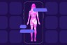 Illustration of a pixelated pink silhouette of a woman standing inside the outline of a smartphone, surrounded by purple text bubbles.