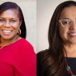A side-by-side image shows two smiling women in headshots. On the left, Angelia Pressley wears a bright red top with gold hoop earrings and a gold necklace. On the right, Clara Pratte wears patterned glasses, a black top and a red-and-turquoise beaded necklace.