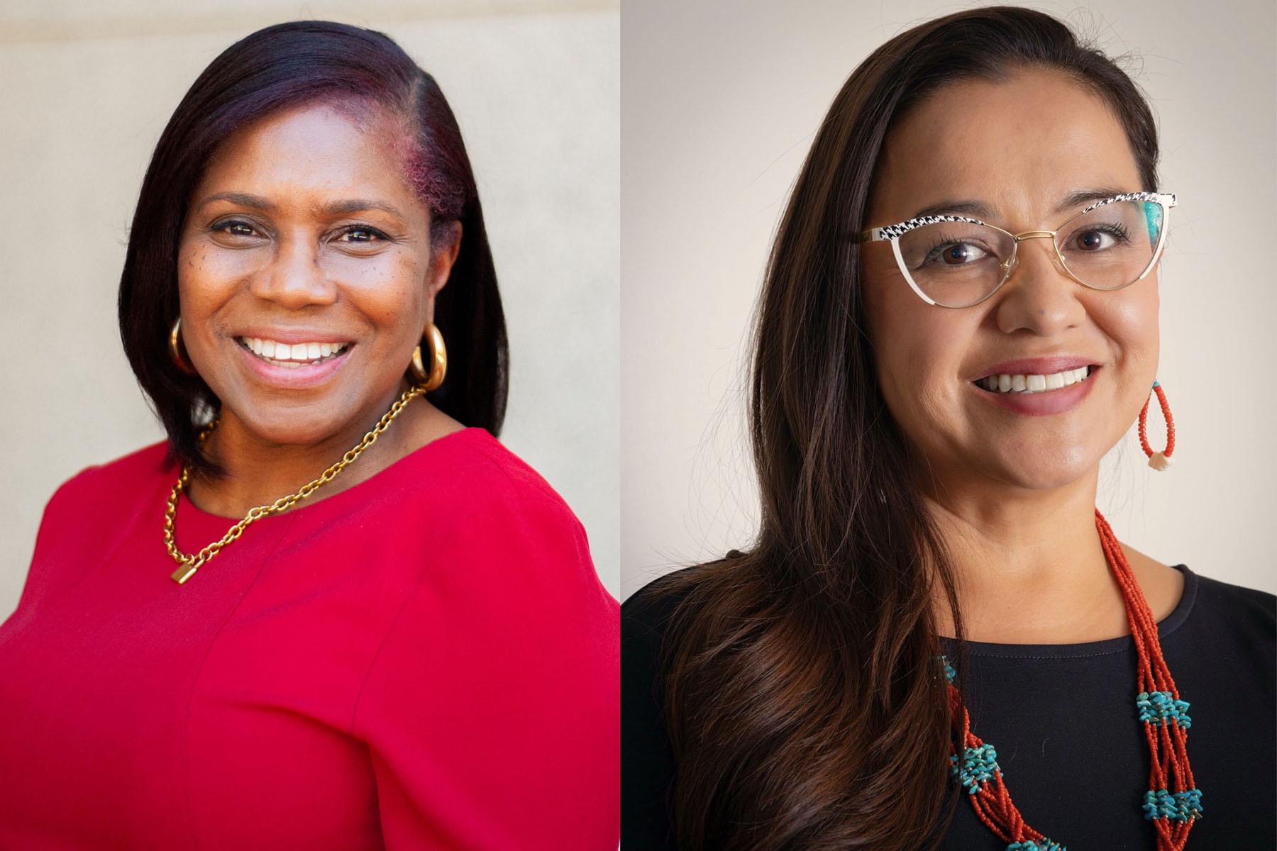 A side-by-side image shows two smiling women in headshots. On the left, Angelia Pressley wears a bright red top with gold hoop earrings and a gold necklace. On the right, Clara Pratte wears patterned glasses, a black top and a red-and-turquoise beaded necklace.