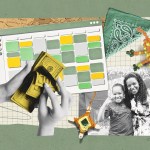An illustrative collage depicts a calendar, camp crafts, a mother and child and money.