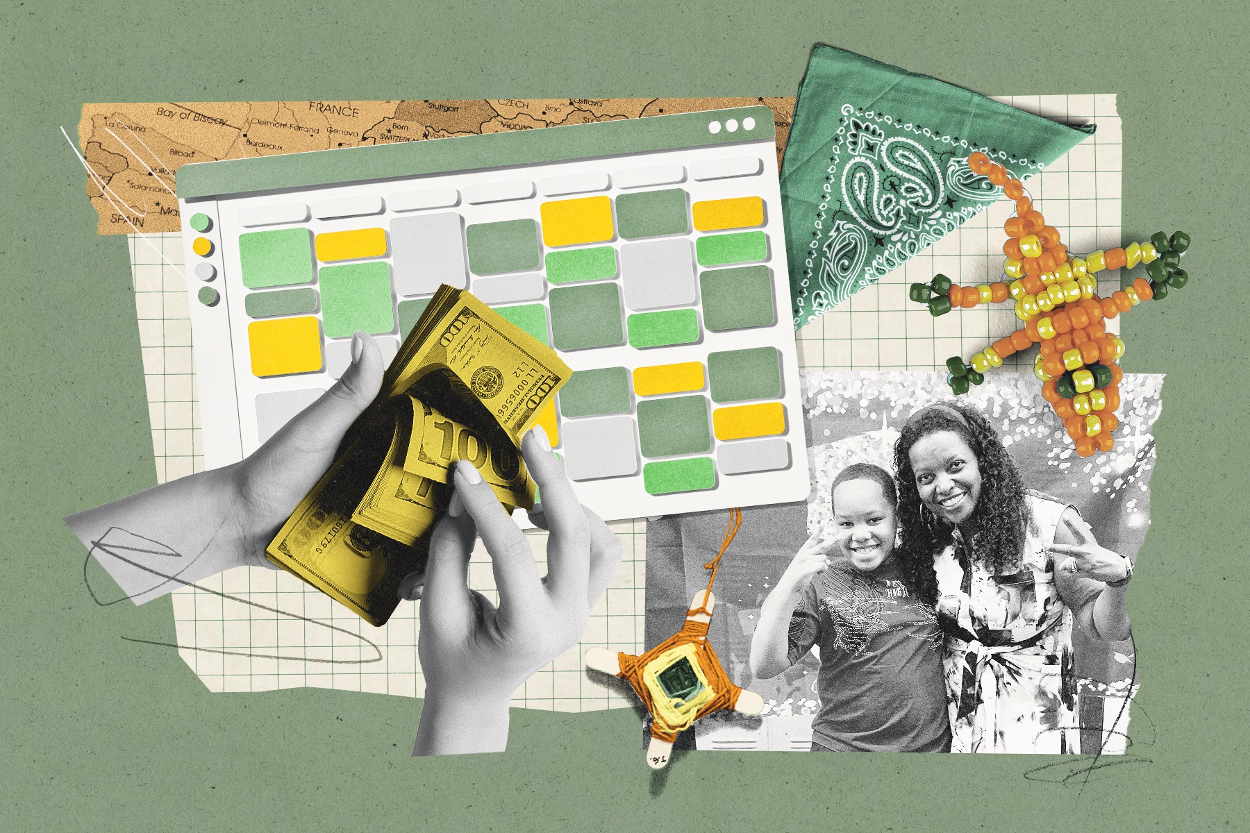 An illustrative collage depicts a calendar, camp crafts, a mother and child and money.