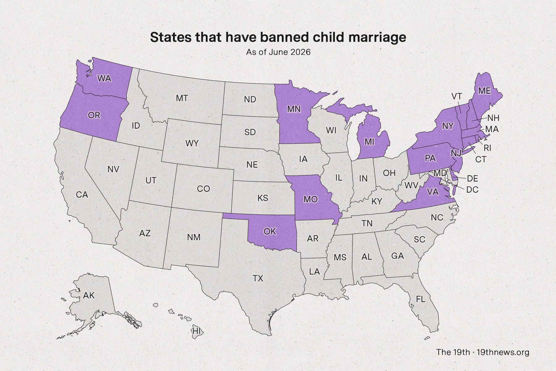 An illustrative map depicting the states that have banned child marriage in the U.S.
