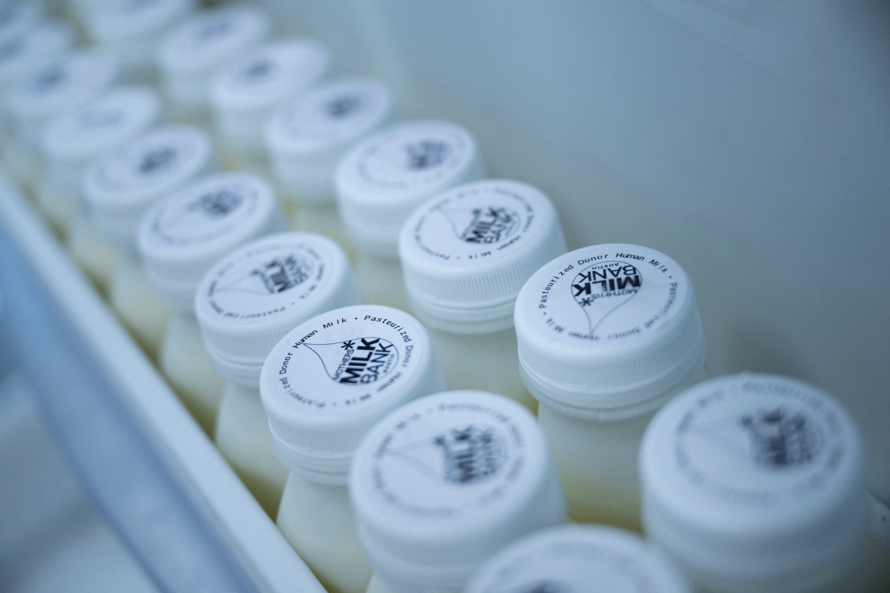 Bottles of breast milk sit in two rows.