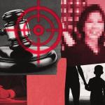 An illustrative collage depicts a gavel in a target's crosshairs, a pixelated face, clasped hands and the silhouette of an adult holding a child's hand.
