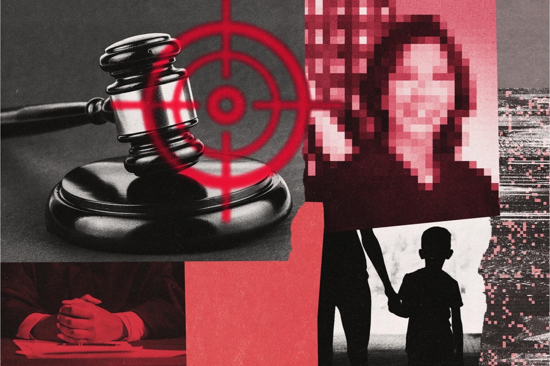 An illustrative collage depicts a gavel in a target's crosshairs, a pixelated face, clasped hands and the silhouette of an adult holding a child's hand.