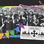 A collage image of the Camp Cross logo, staffers, a friendship bracelet and Pride-colored flags.