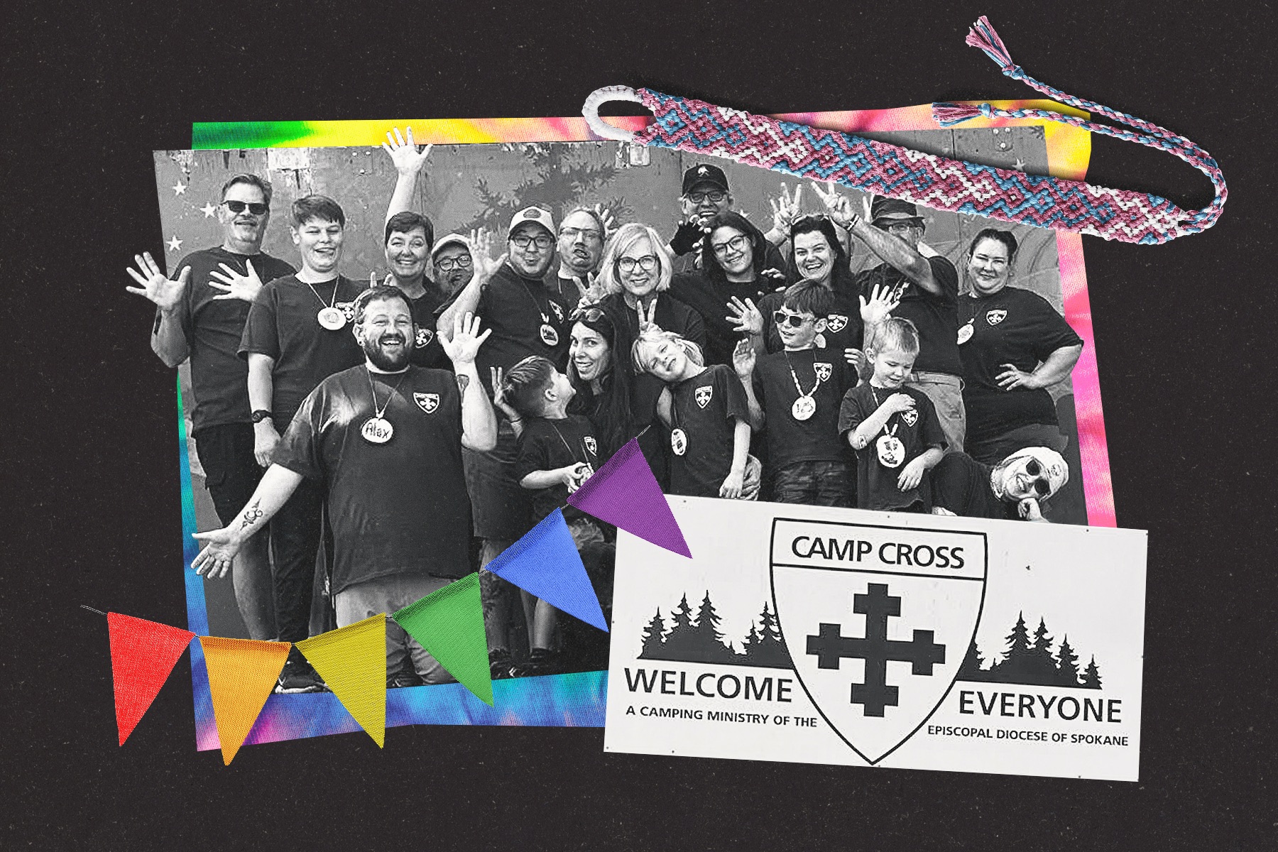 A collage image of the Camp Cross logo, staffers, a friendship bracelet and Pride-colored flags.