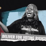 A photo illustration of Brown speaking with the words Deliver for Voting Rights below her portrait.