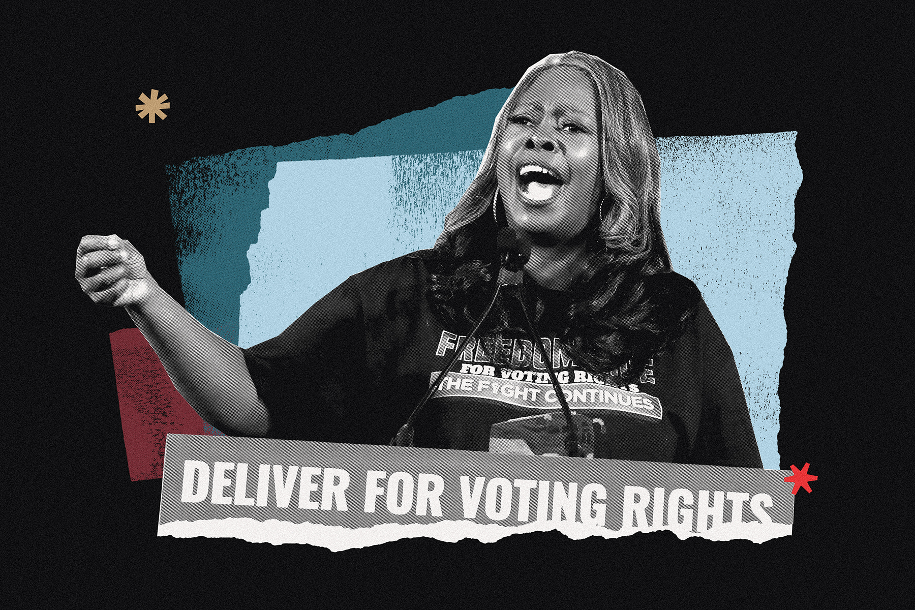 A photo illustration of Brown speaking with the words Deliver for Voting Rights below her portrait.