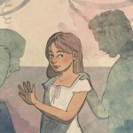 An illustrative image of a young girl surrounded by abstract shadows depicting people.