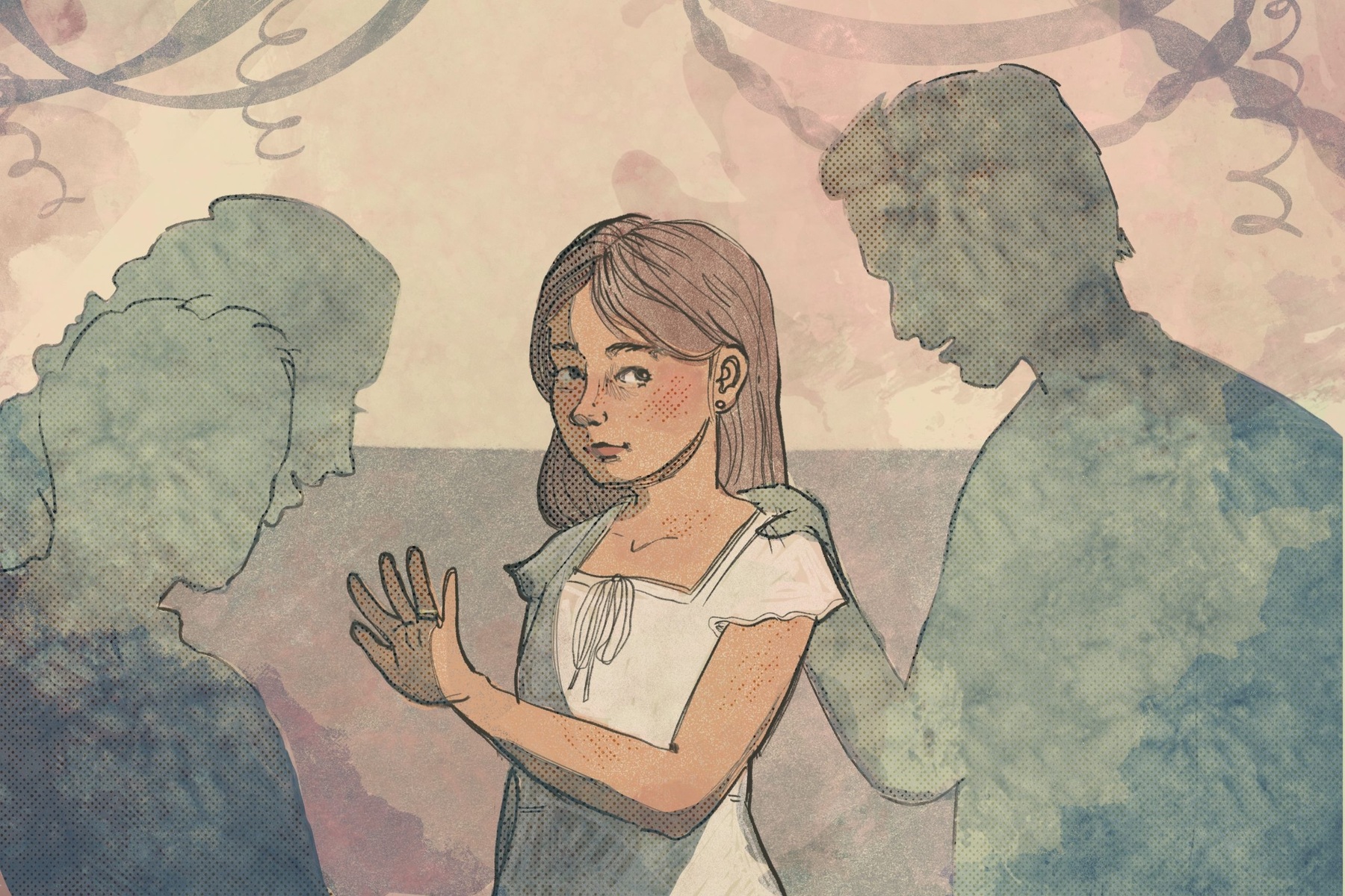 An illustrative image of a young girl surrounded by abstract shadows depicting people.
