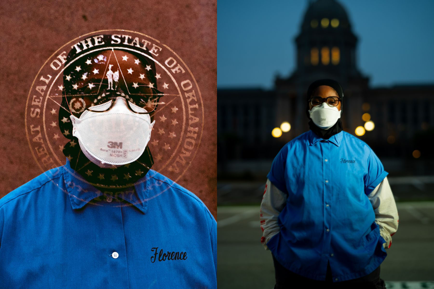 A diptych image of Mo Turner, the Okhahoma State Capitol Building and the Oklahoma seal of the state.