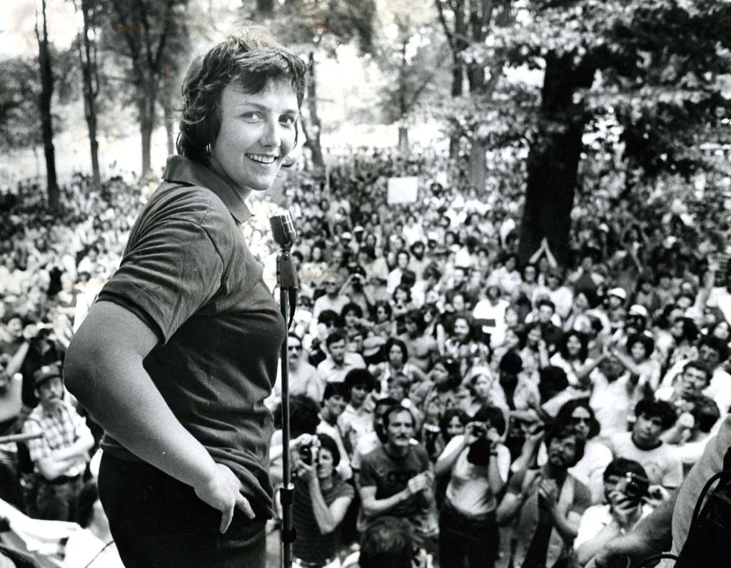A black and white archival image of American politician and LGBT activist, Elaine Noble.
