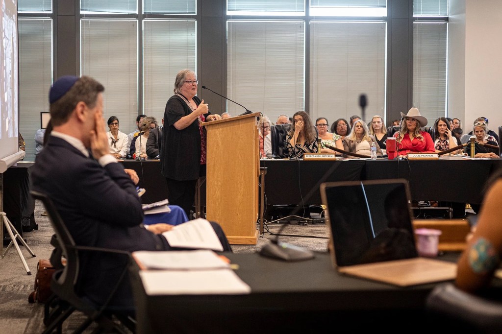 A professor speaks at a podium as she offers public testimony at the State Board of Education Committee in Austin.