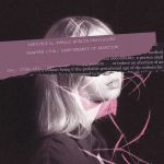 An illustration of a woman's face under strips of paper with text related to abortion laws.