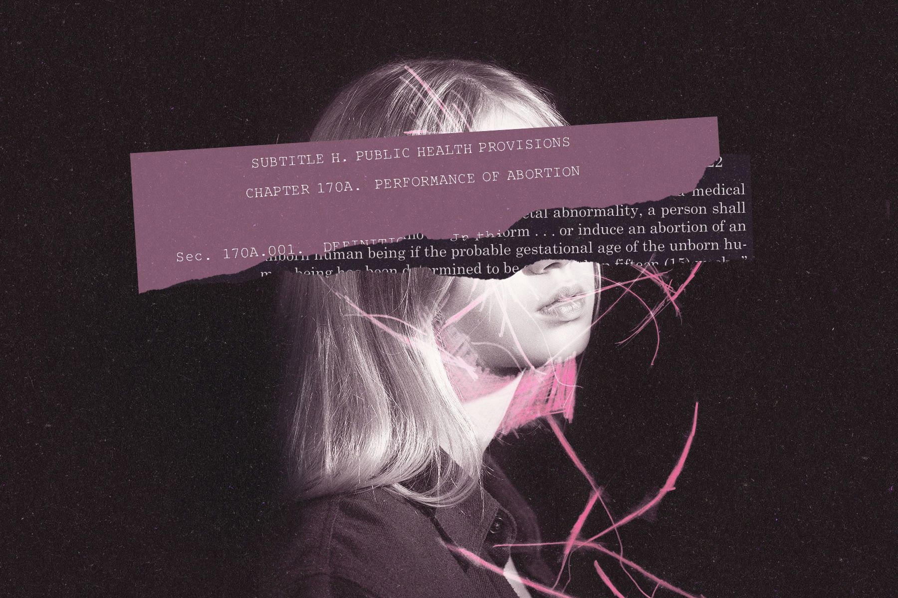An illustration of a woman's face under strips of paper with text related to abortion laws.