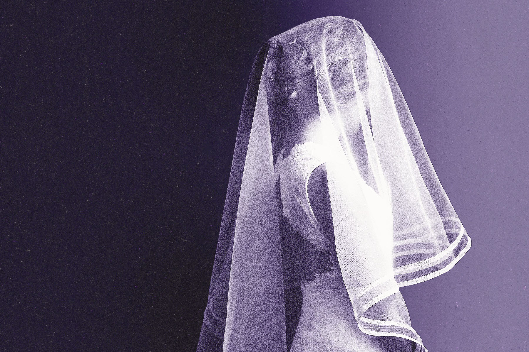 A young girl wearing a veil and a white dress stands against a dark purple background.
