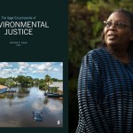 A split image shows the cover of The SAGE Encyclopedia of Environmental Justice, featuring a photograph of a flooded neighborhood, beside a portrait of editor Dorceta Taylor standing outdoors in a blue and black patterned jacket.