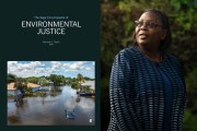 A split image shows the cover of The SAGE Encyclopedia of Environmental Justice, featuring a photograph of a flooded neighborhood, beside a portrait of editor Dorceta Taylor standing outdoors in a blue and black patterned jacket.